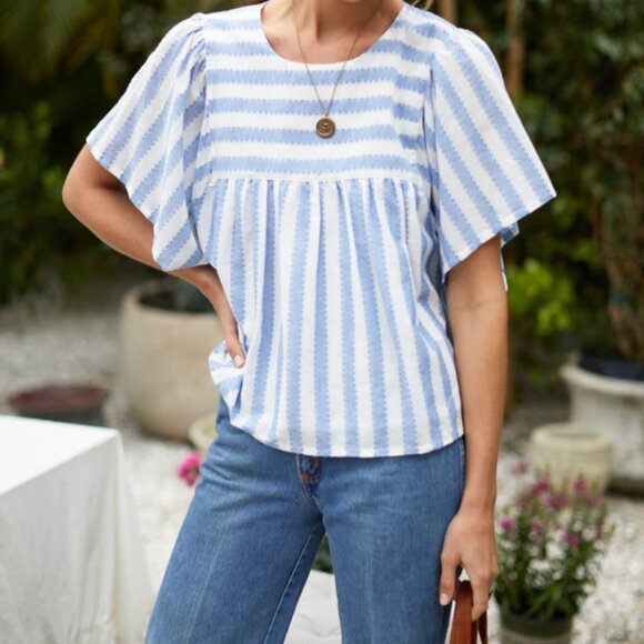 Listicle Medium Blue and White Flutter Sleeve Blouse Cotton Linen Embroidered - Picture 1 of 9